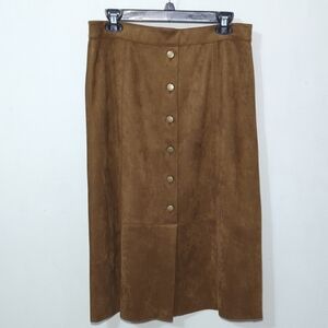Ruby Rd. Suede Midi Skirt Tan Gold Buttons Retro French Girl Vibe Womens Size 10